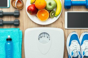 Gym equipment, scales, fruit