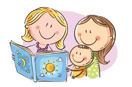 Cartoon family reading book with small child