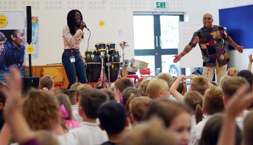 M People stars Heather Small and Andrew Shovell Lovell perform at Seaham Trinity Primary School - July 2023