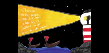 BATH Exhibition Art Cares - painting of a lighthouse with the words "Children are like boats they just need a little bit of guidance to go down the right path"