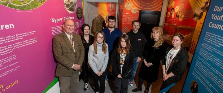 Members of Durham Youth Council pictured in the new exhibition at The Story with Cllr Ted Henderson, Catharine Harwood, participation and engagement officer, and Charli Summers, curator and exhibition co-ordinator - mobile version